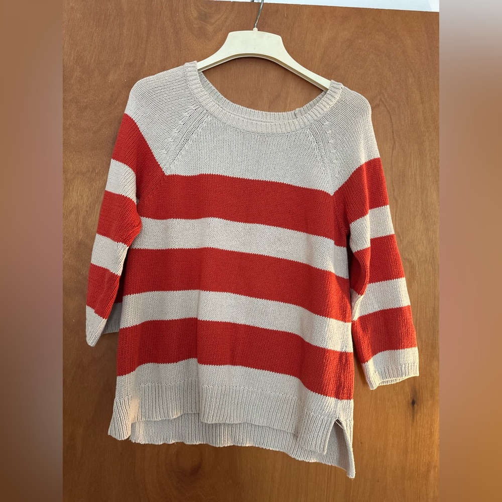 LOFT Women's Striped Sweater - Cream and Orange